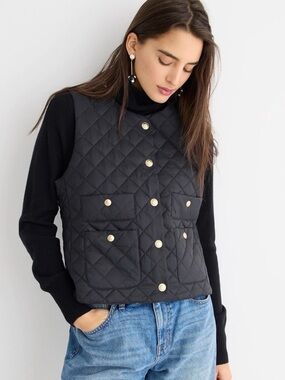 J. Crew Black Diamond Quilted Lady Vest with Gold Buttons